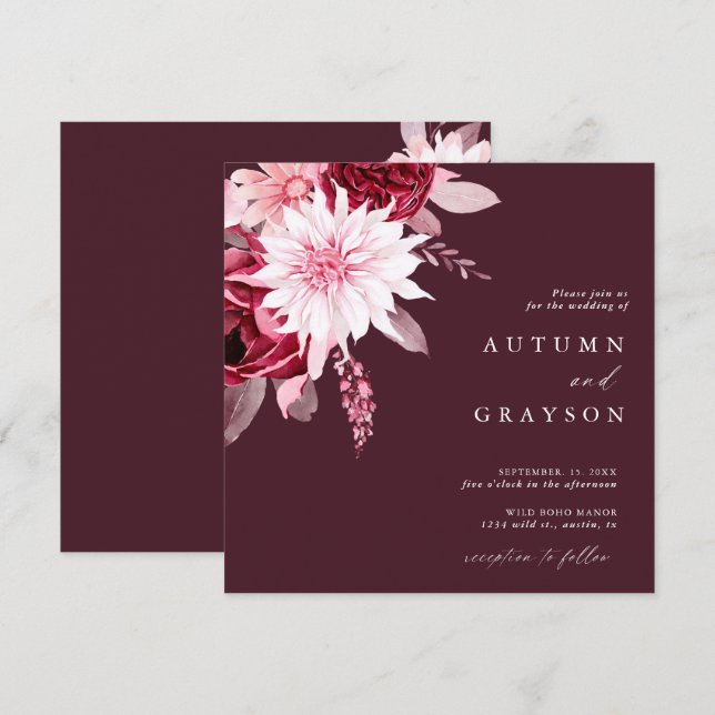Invitación Boda floral de marco dorado de Romance otoño (Anverso / Reverso)