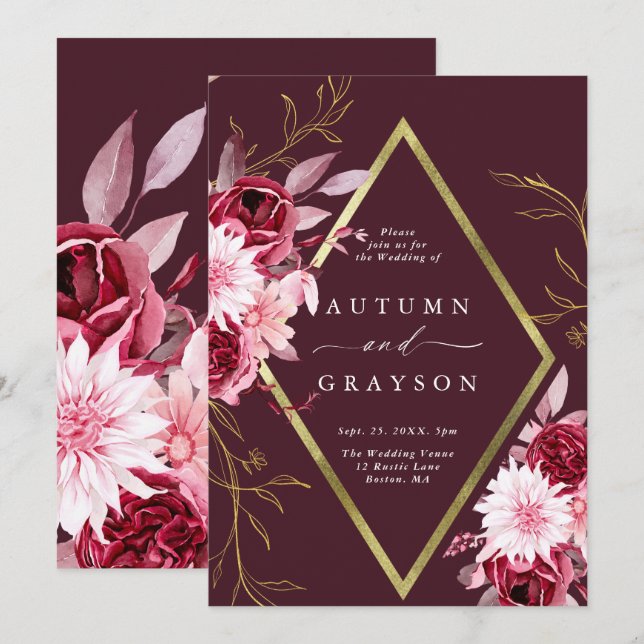 Invitación Boda floral de marco dorado de Romance otoño (Anverso / Reverso)