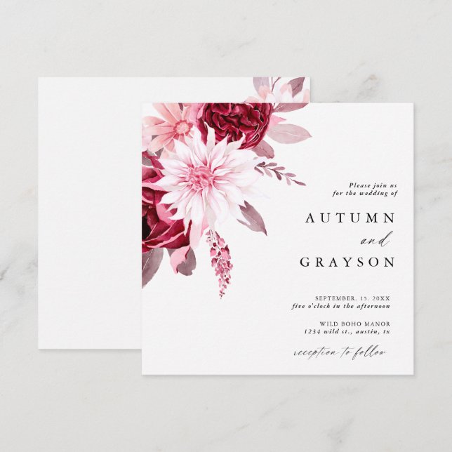 Invitación Boda floral de marco dorado de Romance otoño (Anverso / Reverso)