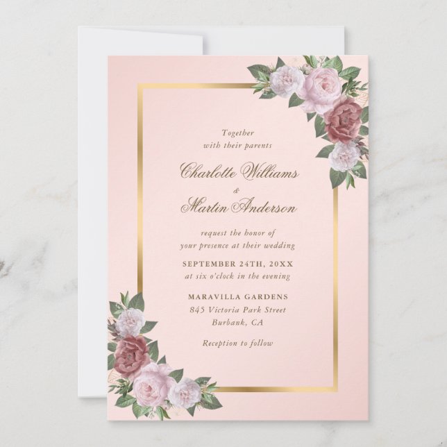 Invitación Boda floral de marco dorado rosado de Rubor (Anverso)