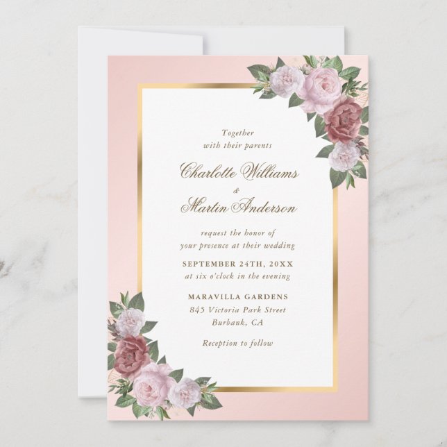 Invitación Boda floral de marco dorado rosado de Rubor (Anverso)