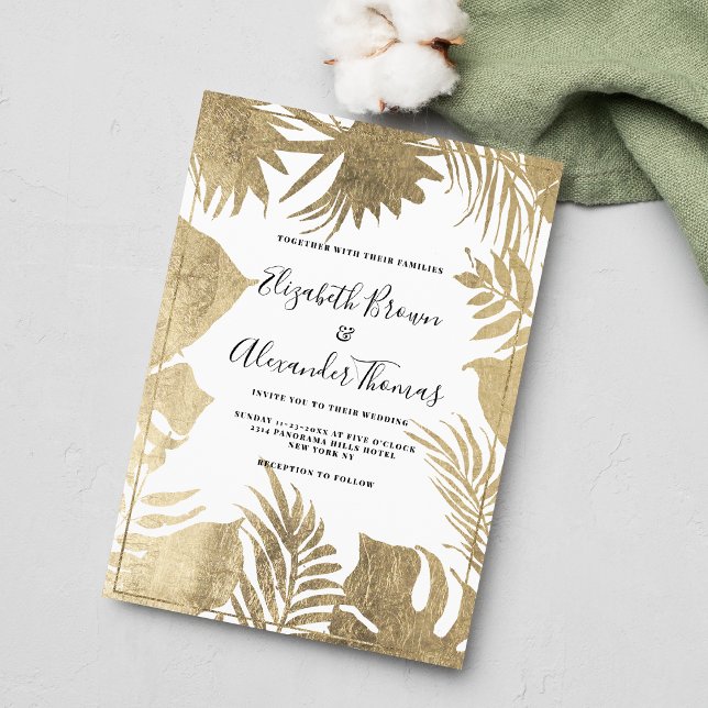 Invitación Boda floral de marco dorado tropical blanco (Tropical white gold leaf frame floral wedding)