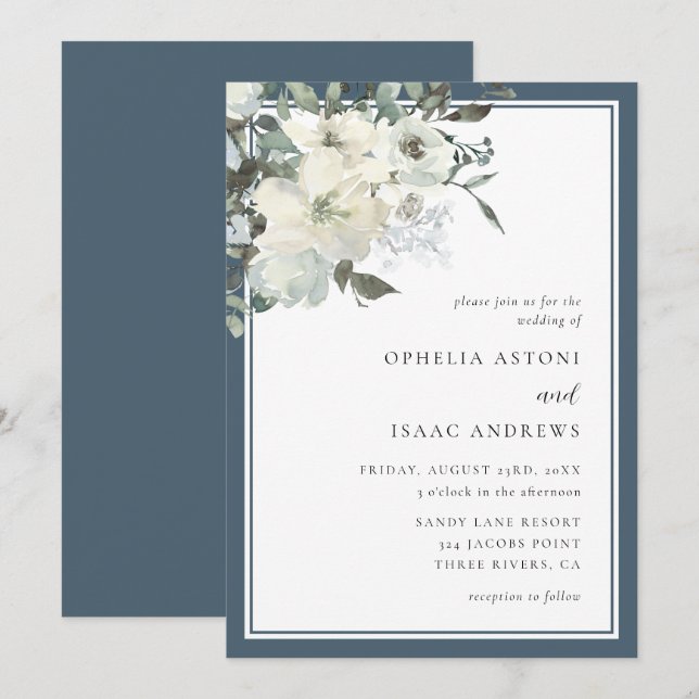 Invitación Boda floral de marfil azul de la marina clásica el (Anverso / Reverso)