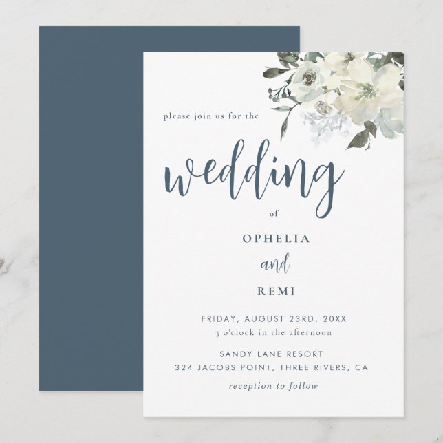 Invitación Boda floral de marfil azul de la marina moderna y  (Anverso / Reverso)
