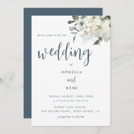Invitación Boda floral de marfil azul de la marina moderna y