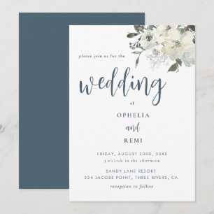 Invitación Boda floral de marfil azul de la marina moderna y