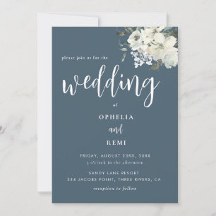 Invitación Boda floral de marfil azul de la marina moderna y 