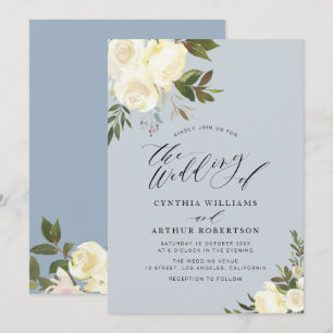 Invitación boda floral de marfil azul turbio