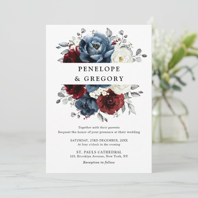 Invitación Boda floral de marfil blanco de borgoña azul pizar (Anverso de pie)