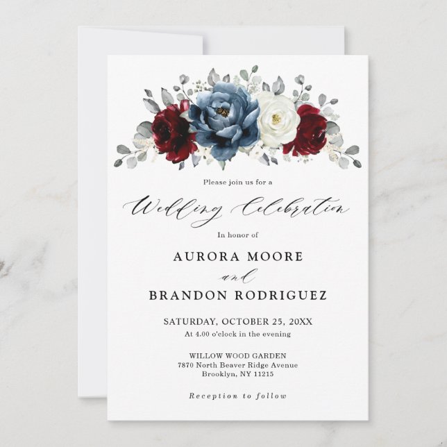 Invitación Boda floral de marfil blanco de borgoña azul pizar (Anverso)