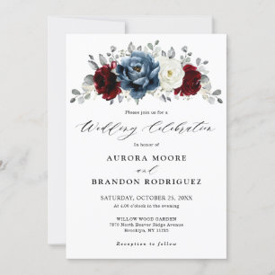 Invitación Boda floral de marfil blanco de borgoña azul pizar