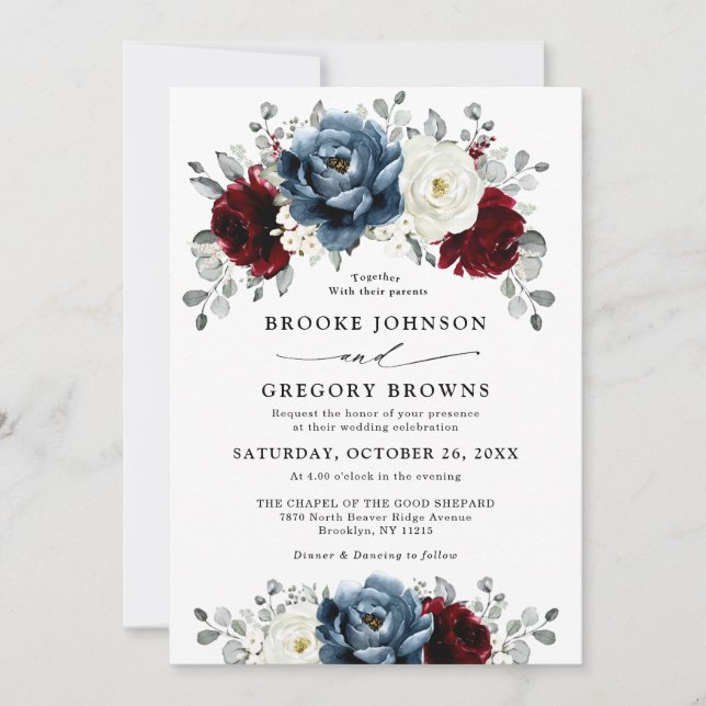 Invitación Boda floral de marfil blanco de borgoña azul pizar (Anverso)