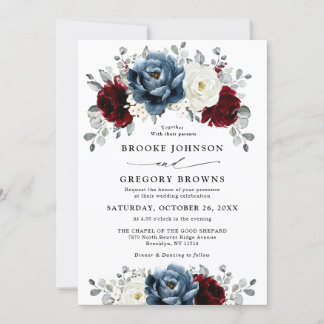 Invitación Boda floral de marfil blanco de borgoña azul pizar