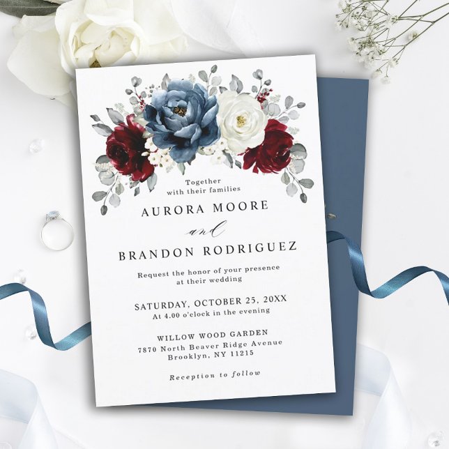Invitación Boda floral de marfil blanco de borgoña azul pizar (Slate Blue Burgundy White Ivory Floral Wedding invitation)