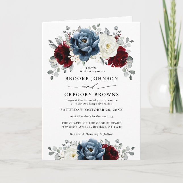 Invitación Boda floral de marfil blanco de borgoña azul pizar (Anverso)