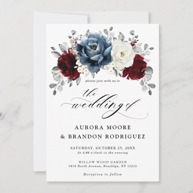 Invitación Boda floral de marfil blanco de borgoña azul pizar (Anverso)