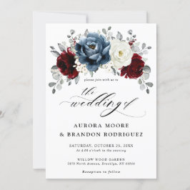 Invitación Boda floral de marfil blanco de borgoña azul pizar