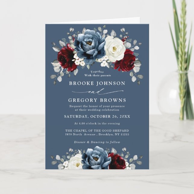 Invitación Boda floral de marfil blanco en pizarra azul borgo (Anverso)