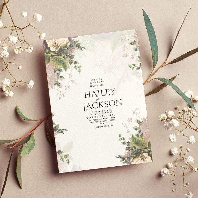 Invitación Boda floral de marfil blanco morado botánico (Botanic purple green white ivory floral wedding invitation)
