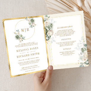 Invitación Boda floral de marfil crema verde salvia todo en u