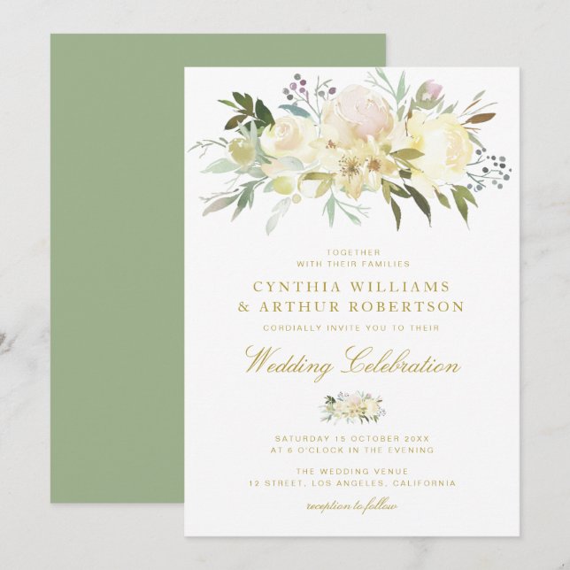 Invitación boda floral de marfil de acuarela elegante (Anverso / Reverso)