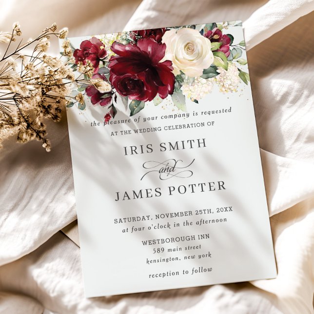 Invitación Boda Floral de marfil de Borgoña (elegant rustic burgundy ivory white floral wedding invitation cards printed digital download )