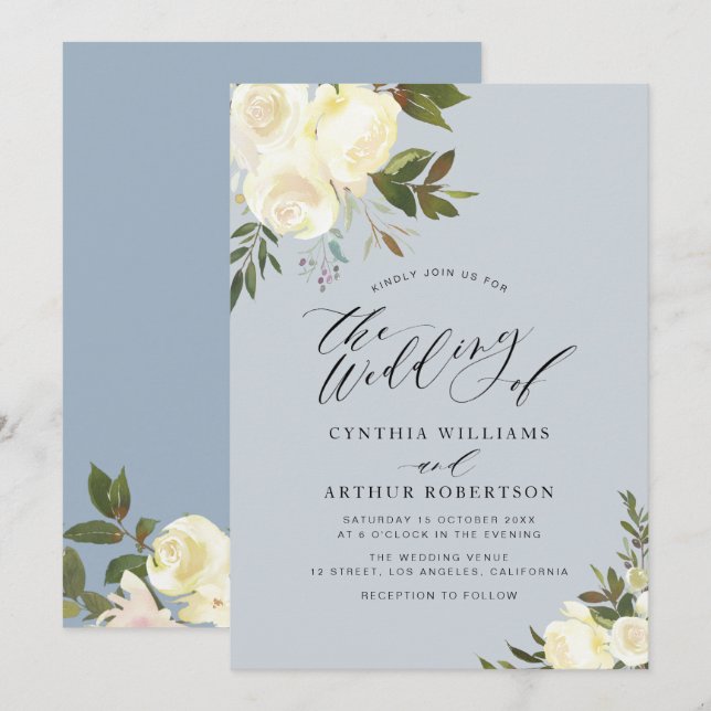 Invitación Boda floral de marfil de color azul turquesa (Anverso / Reverso)
