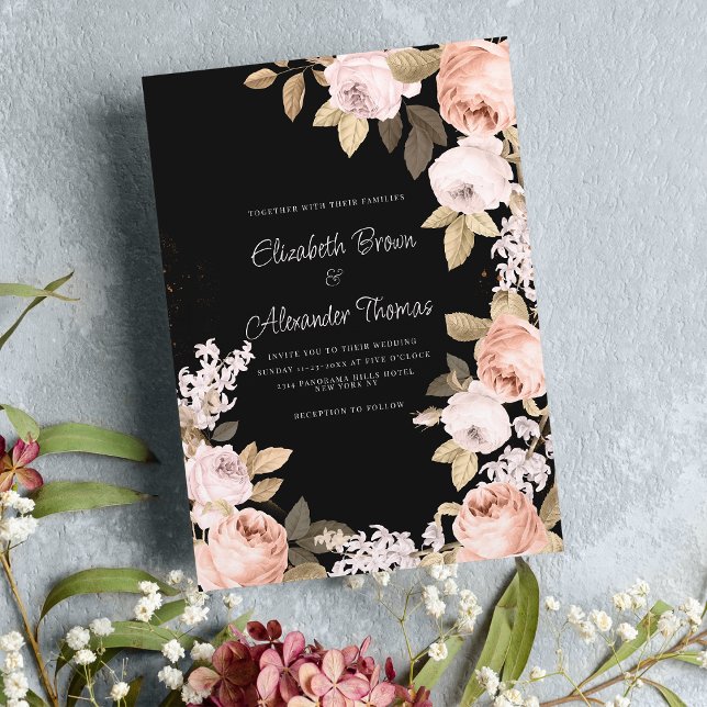 Invitación Boda floral de marfil de coral rosa negro boho rús (Rustic boho black pink coral ivory floral wedding)