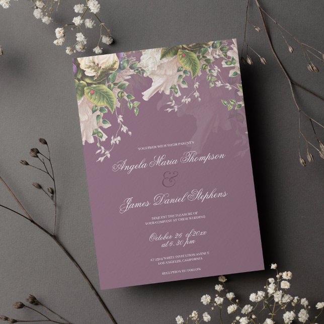 Invitación Boda floral de marfil rosa púrpura botánico (Botanical purple green pink ivory floral wedding invitation)