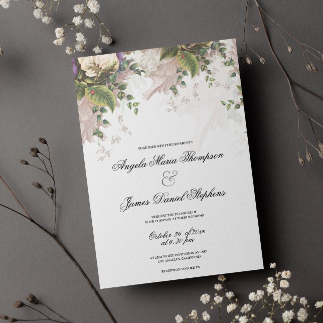 Invitación Boda floral de marfil verde púrpura de estilo vint (Vintage style purple green ivory floral wedding invitation )