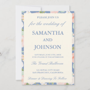Invitación Boda Floral de Marfil Vintage Azul Polvoriento Mod