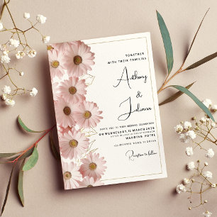 Invitación Boda floral de margarita dorada rosada en el tejid