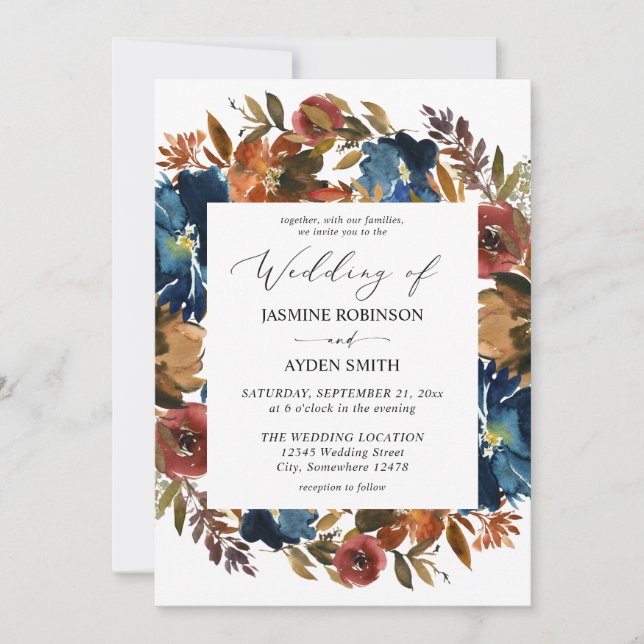 Invitación Boda floral de marina, Naranja y caída marrón (Anverso)