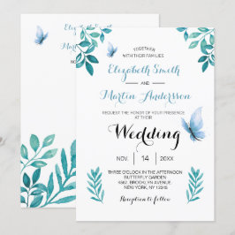 Invitación Boda floral de mariposa azul con acuarela dulce