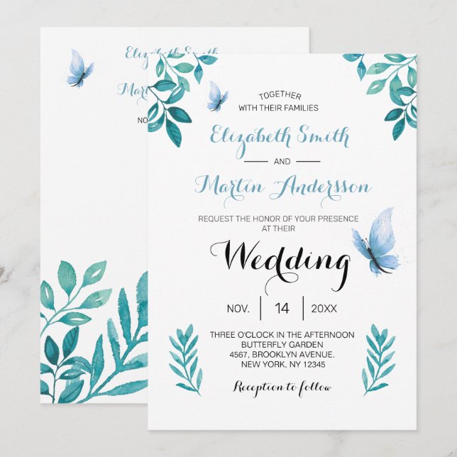 Invitación Boda floral de mariposa azul dulce acuarela (Anverso / Reverso)
