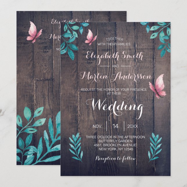 Invitación Boda floral de mariposa rosa de acuarela rusa (Anverso / Reverso)