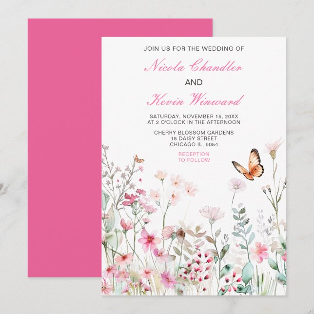Invitación Boda floral de mariposa rosa profunda primavera (Anverso / Reverso)