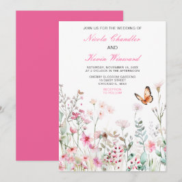 Invitación Boda floral de mariposa rosa profunda primavera