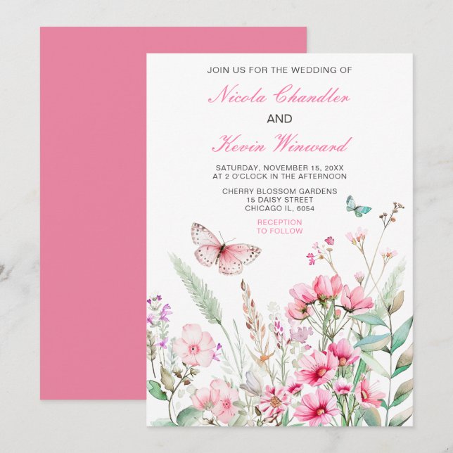 Invitación Boda floral de mariposa rosada de primavera (Anverso / Reverso)