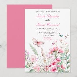 Invitación Boda floral de mariposa rosada de primavera