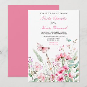 Invitación Boda floral de mariposa rosada de primavera