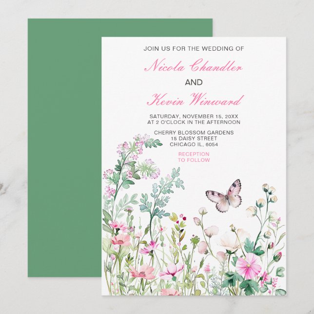 Invitación Boda floral de mariposa verde primavera (Anverso / Reverso)