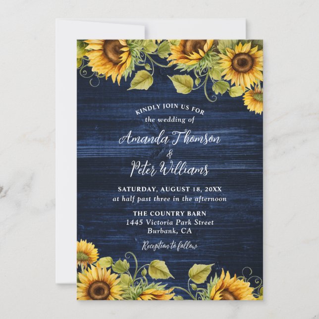 Invitación Boda floral de mariscos azules de girasol (Anverso)