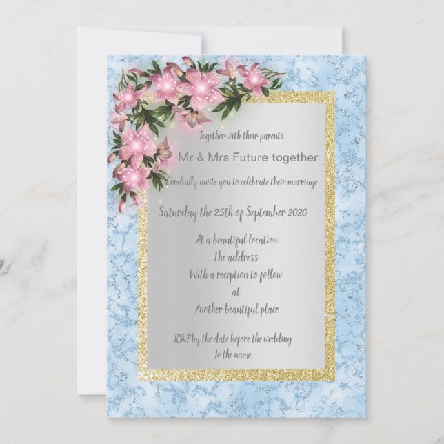 Invitación Boda floral de mármol azul con dorado floral rosa (Anverso)