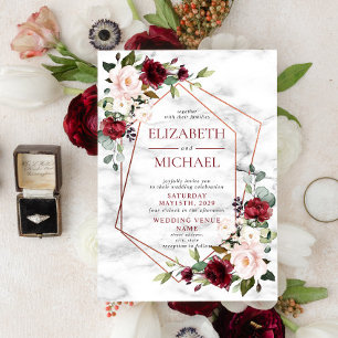 Invitación Boda Floral de Mármol de Cobre Geométrico de Borgo