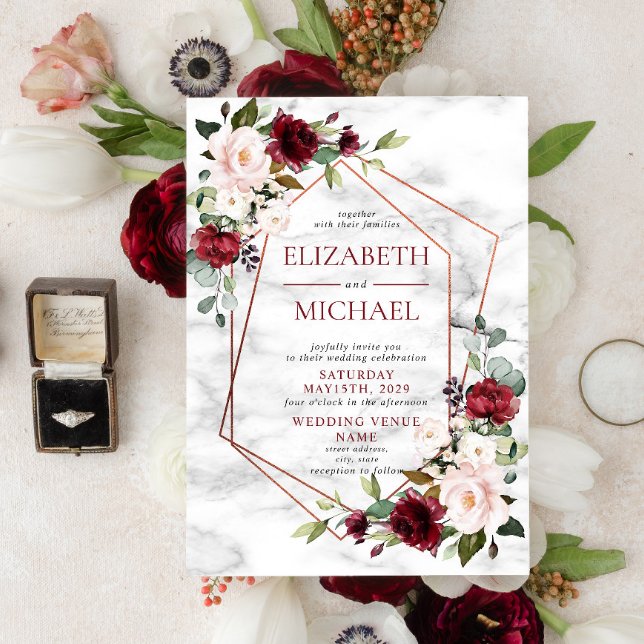 Invitación Boda Floral de Mármol de Cobre Geométrico de Borgo (Subido por el creador)
