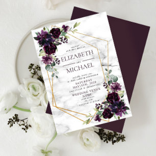 Invitación Boda floral de mármol geométrico de ciruela púrpur
