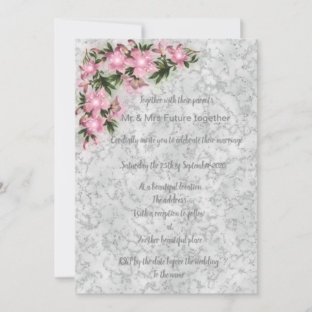 Invitación Boda floral de mármol plateado con flores rosadas (Anverso)