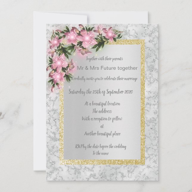 Invitación Boda floral de mármol plateado con oro floral rosa (Anverso)