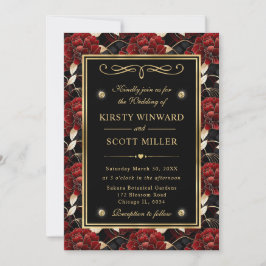 Invitación Boda floral de mármol rojo negro y dorado
